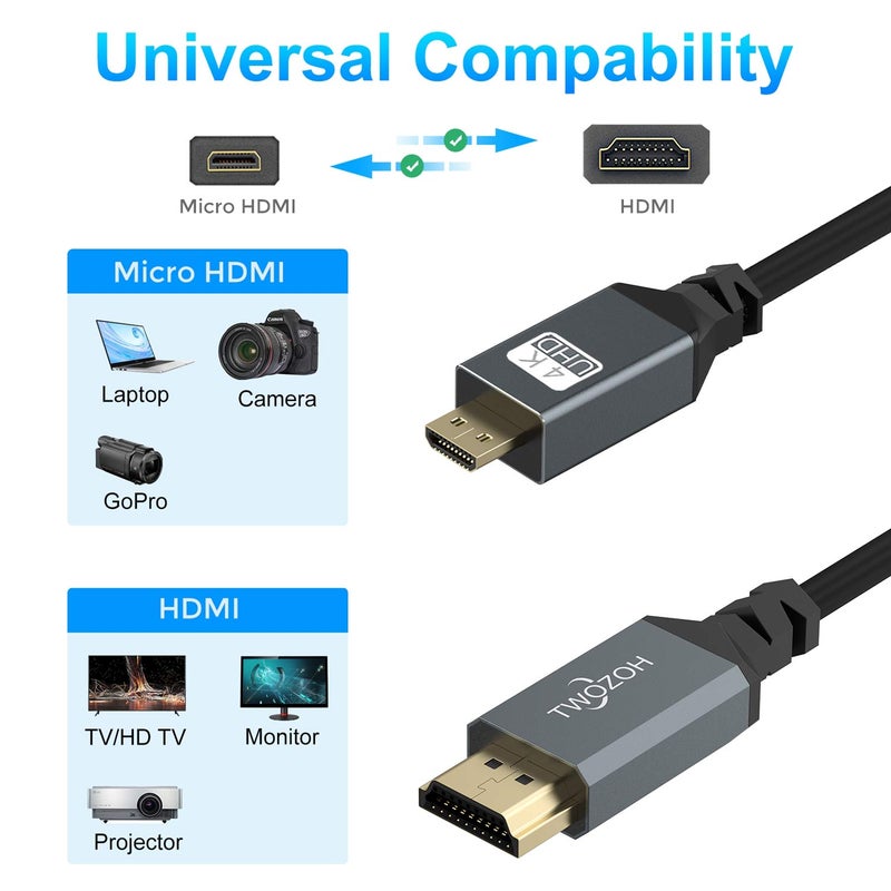 Twozoh كابل ميكرو HDMI إلى HDMI ملفوف، كابل ميكرو HDMI إلى HDMI كامل يدعم HDMI 2.0، 3D 4K UHD، 1080p (يمتد حتى 1.5م) - Image 4